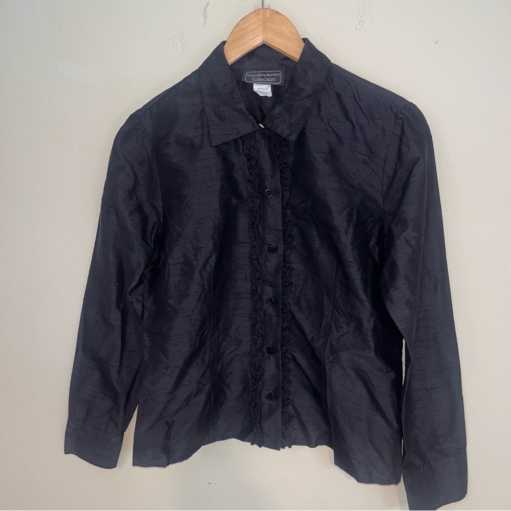 CAROL ANDERSON 100% SILK BUTTON BLACK LONG SLEEVE RUFFLES FRONT BLOUSE S